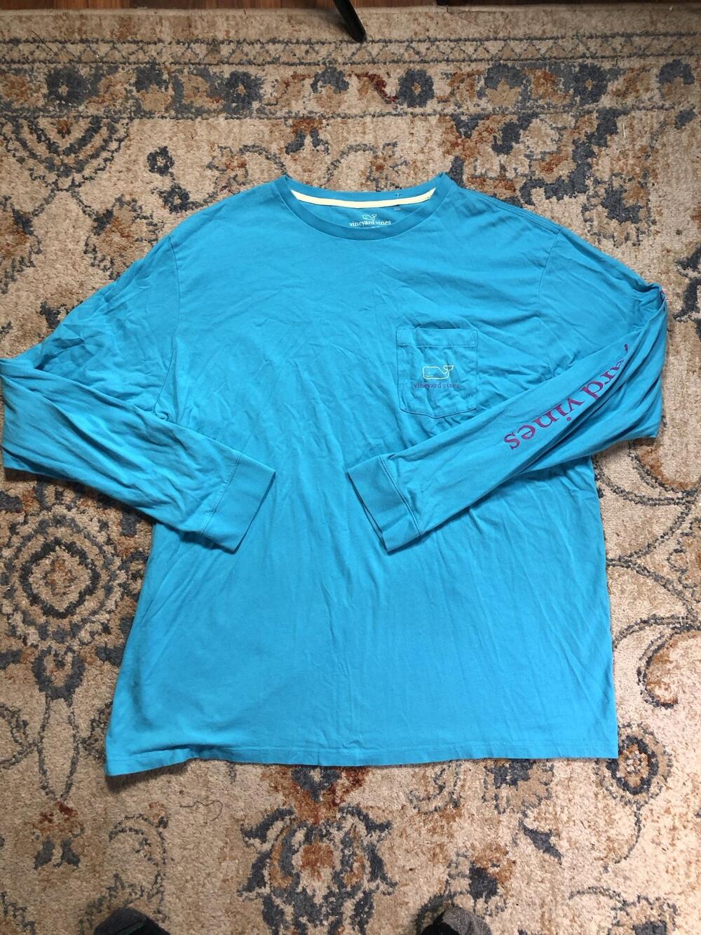 Vineyard Vines Shirt Mens 2XL Blue Long Sleeve Pocket Whale Graphic Tee Tagless